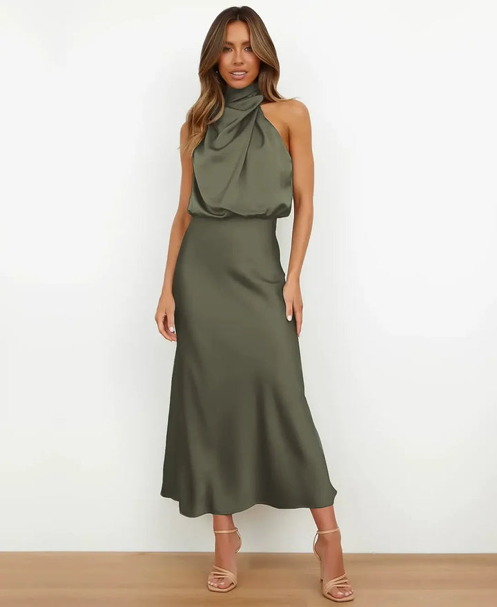 Women's Satin Midi Dress with Draped Neckline