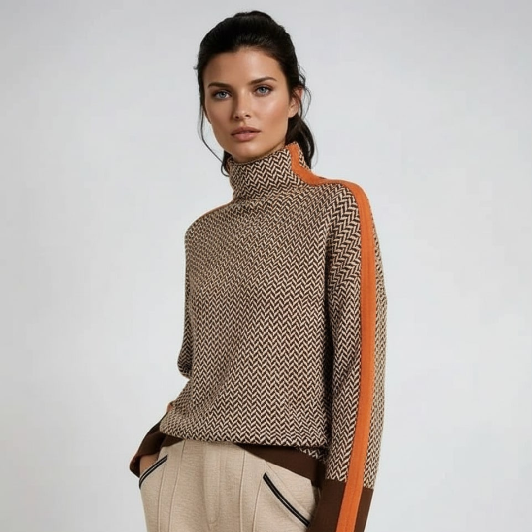 Camisola de malha de gola alta para mulher com padrão pied-de-poule e riscas