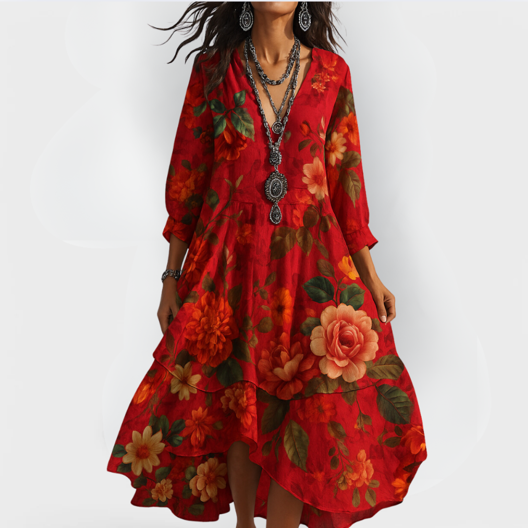 Robe Fleurie Bohème Femme Col V Manches Longues