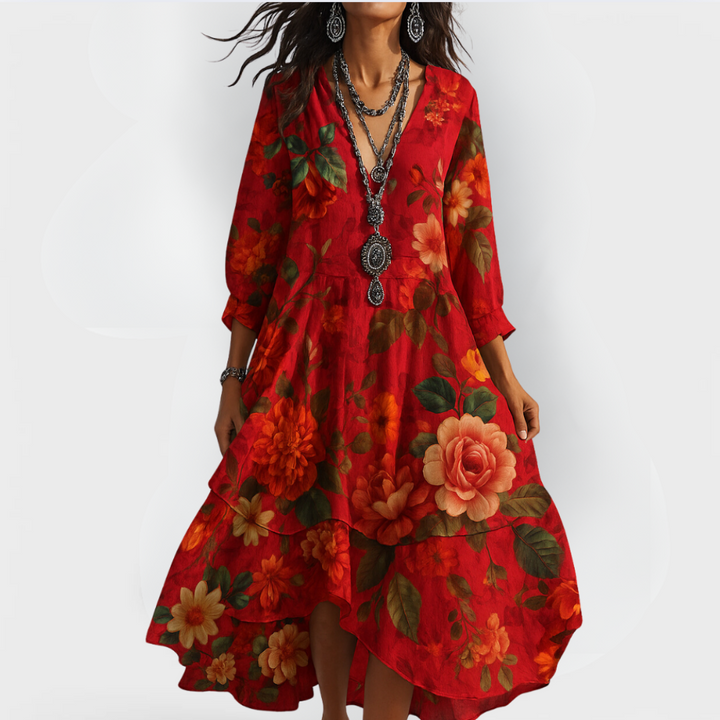 Robe Fleurie Bohème Femme Col V Manches Longues