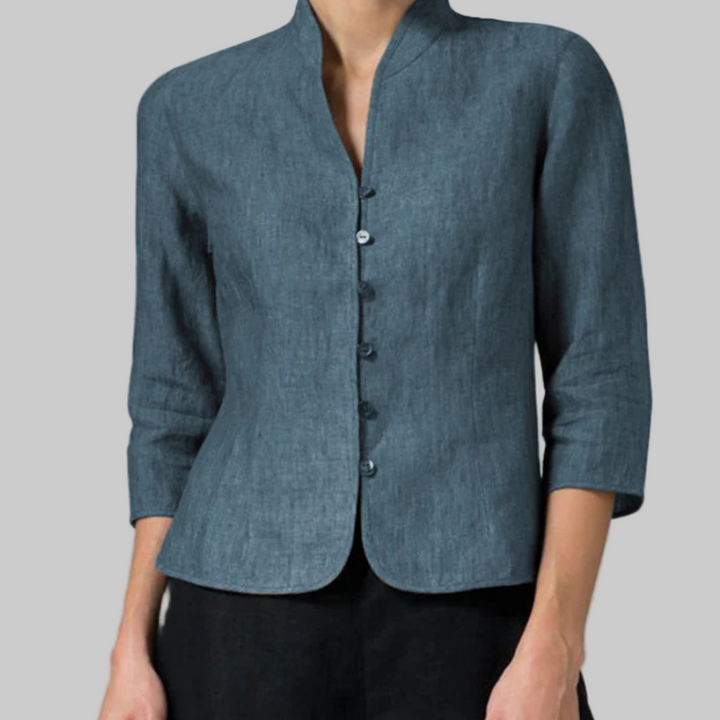 Blouse Col Mao Chambray Femme Manches 3/4