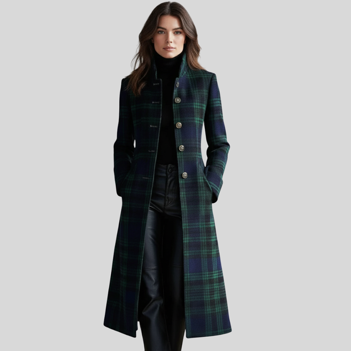 Women's Long Tartan Check Coat with Front Button Closure