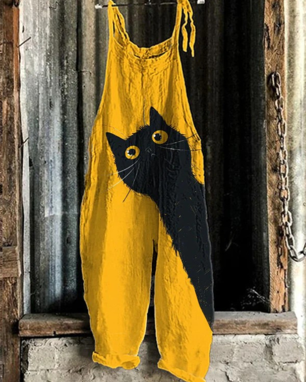Gul jumpsuit för kvinnor med kattmönster