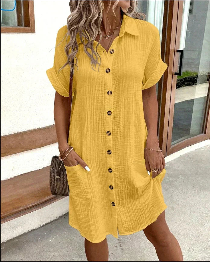 Robe Chemise Courte Boutonnée Femme à Poches
