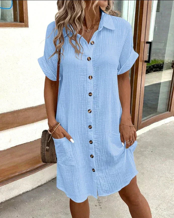 Robe Chemise Courte Boutonnée Femme à Poches