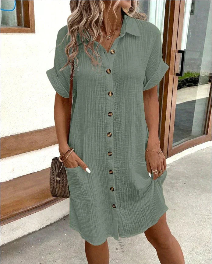 Robe Chemise Courte Boutonnée Femme à Poches