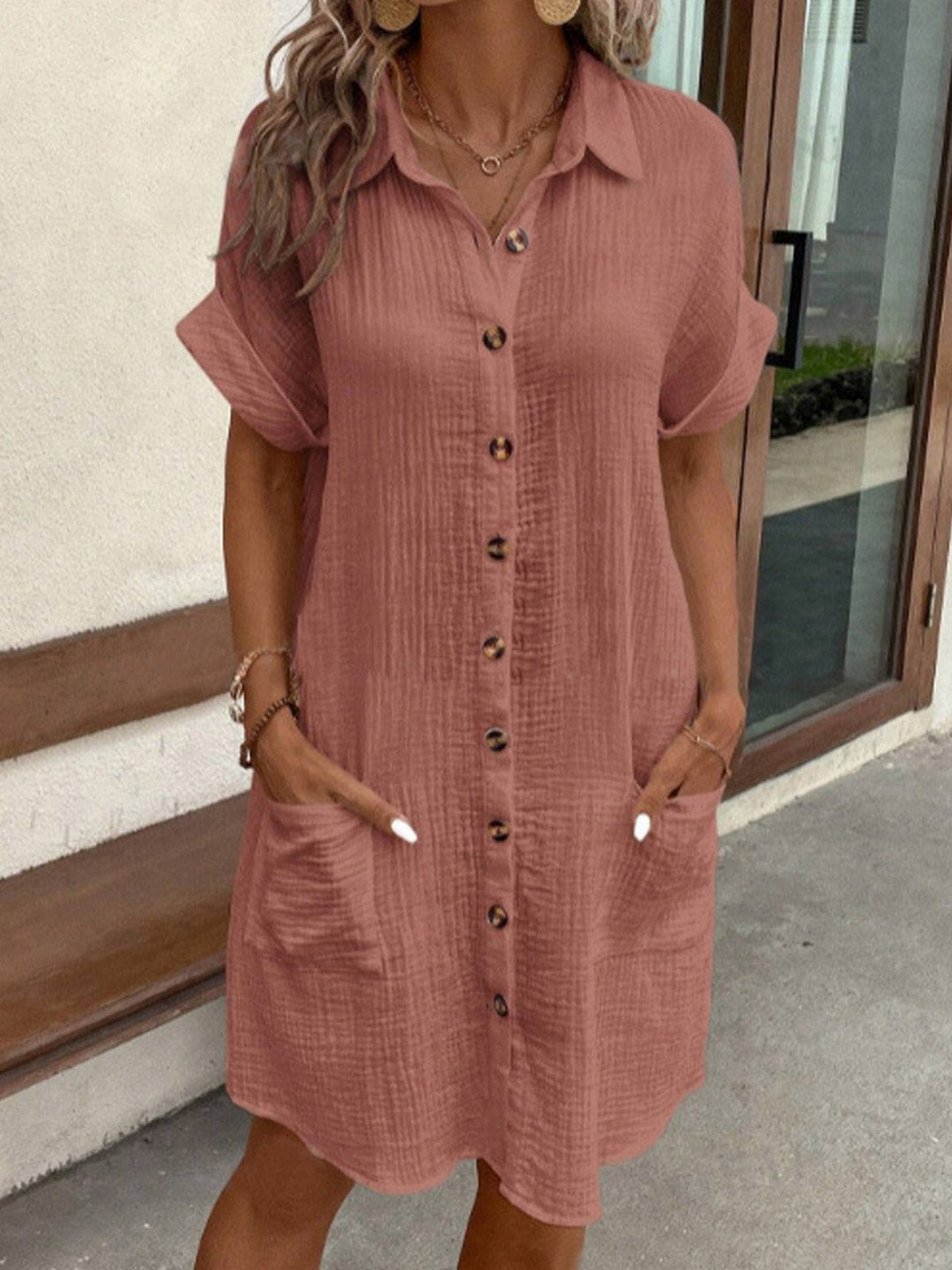 Robe Chemise Courte Boutonnée Femme à Poches