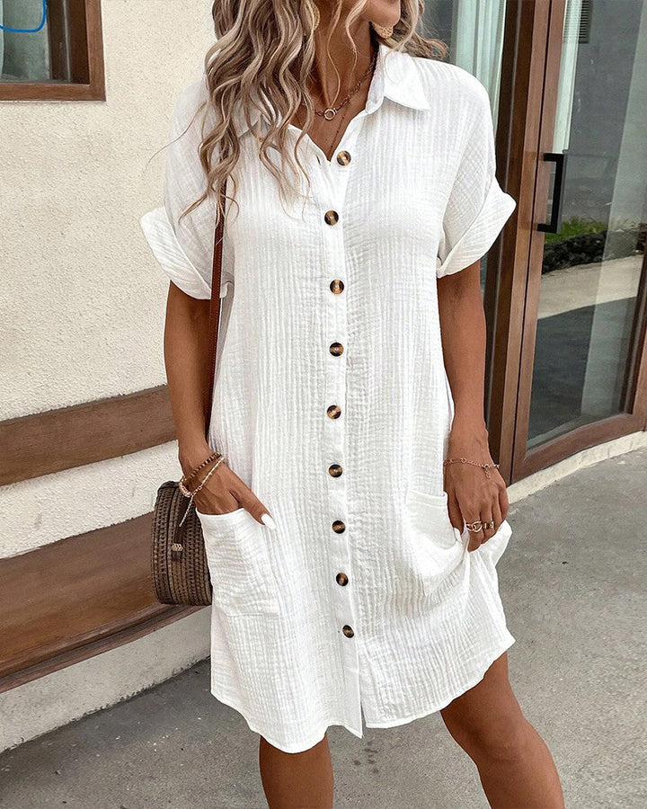 Robe Chemise Courte Boutonnée Femme à Poches