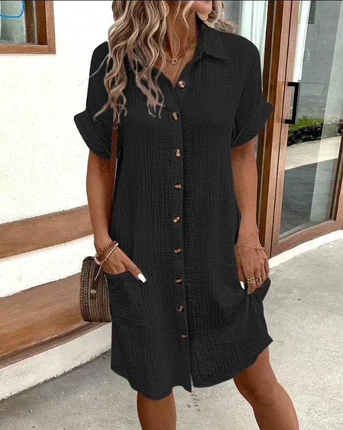 Robe Chemise Courte Boutonnée Femme à Poches