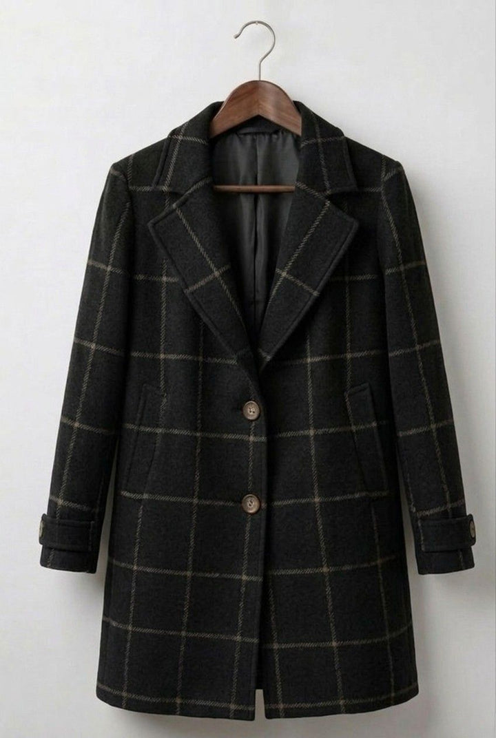 Manteau Long à Carreaux et Boutonnage Avant Pour Femme