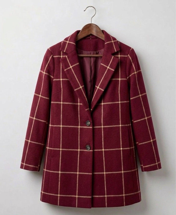 Manteau Long à Carreaux et Boutonnage Avant Pour Femme