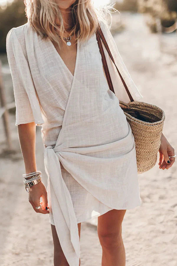 Robe Portefeuille Mini Femme Nouée Manches Courtes