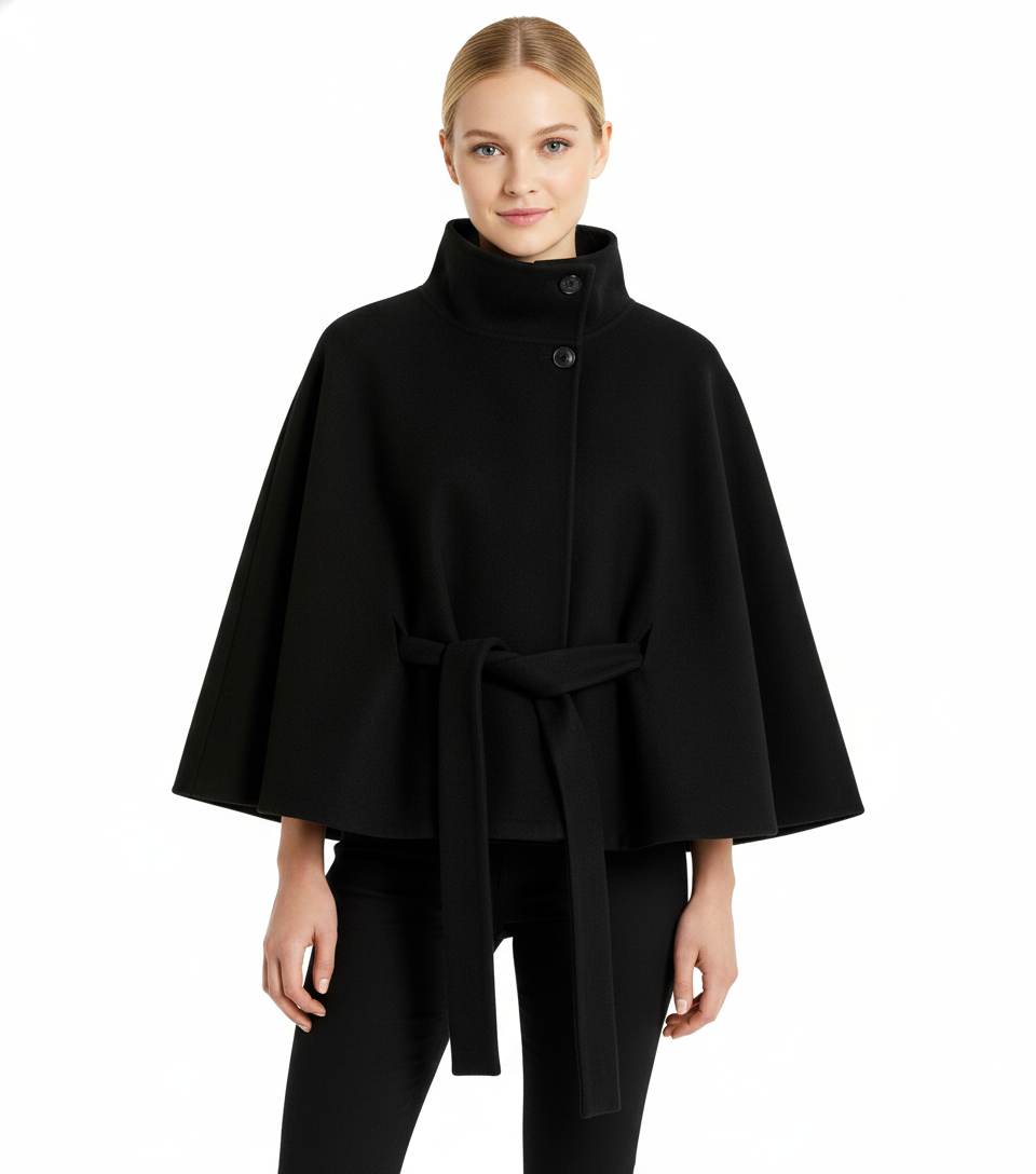 Belted cape coat with a stand-up collar for women