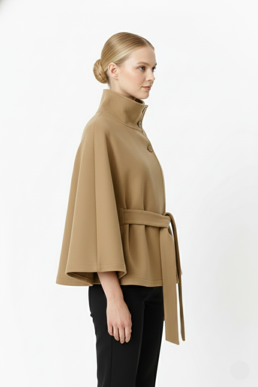 Belted cape coat with a stand-up collar for women