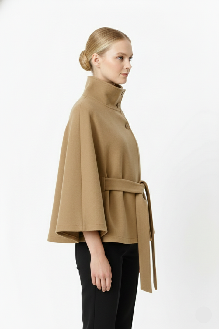 Belted cape coat with a stand-up collar for women