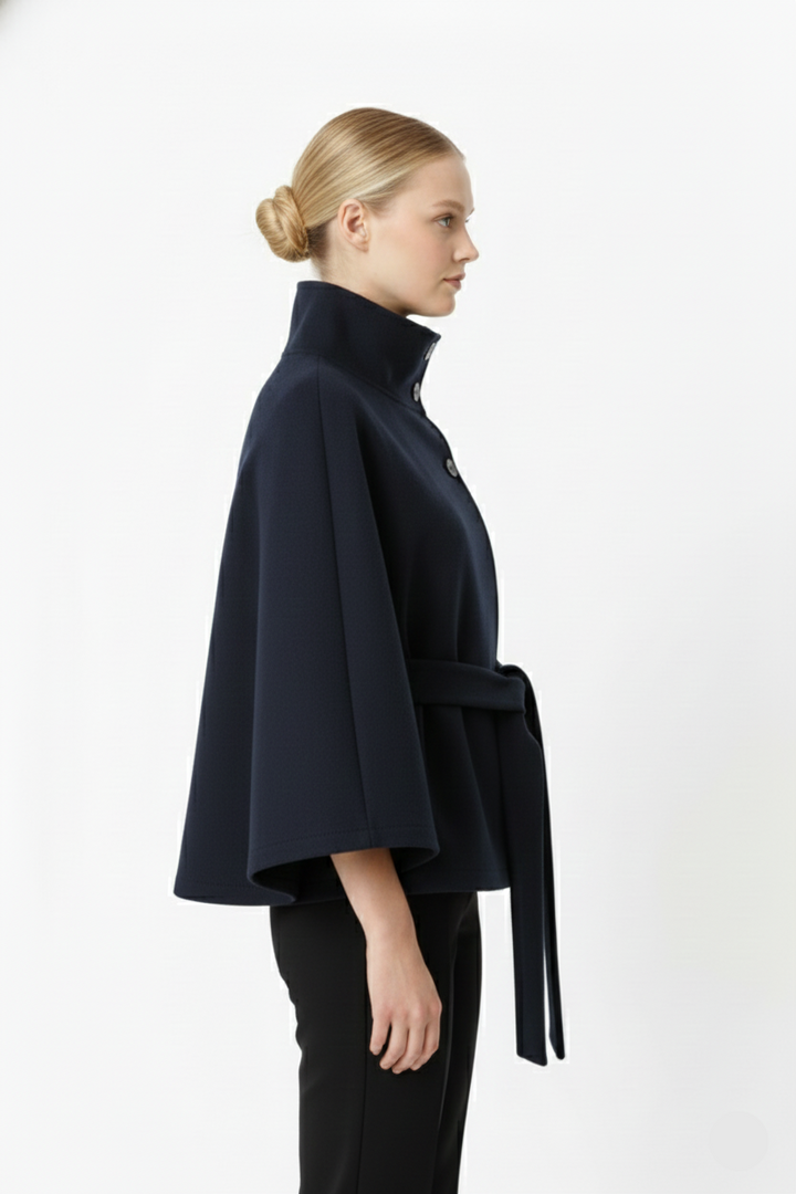 Belted cape coat with a stand-up collar for women