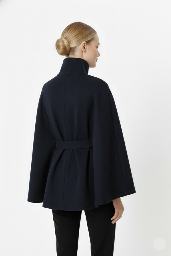 Belted cape coat with a stand-up collar for women