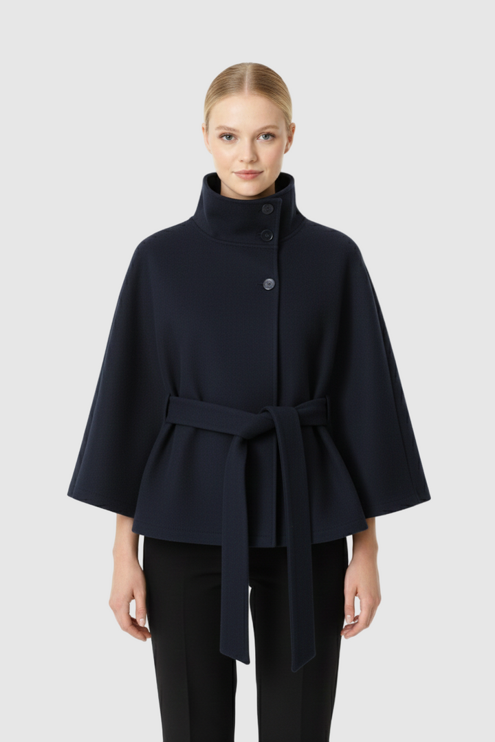 Belted cape coat with a stand-up collar for women