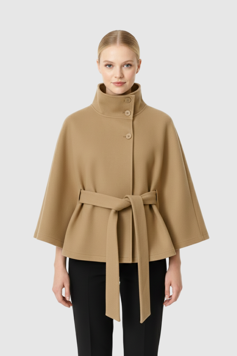Belted cape coat with a stand-up collar for women