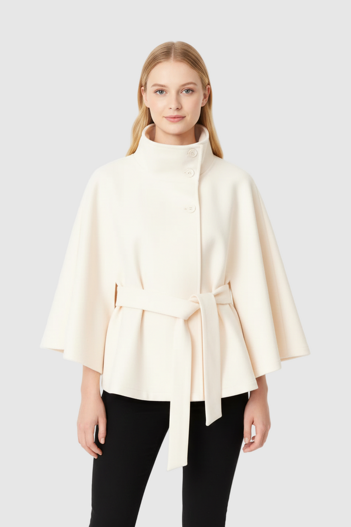 Belted cape coat with a stand-up collar for women