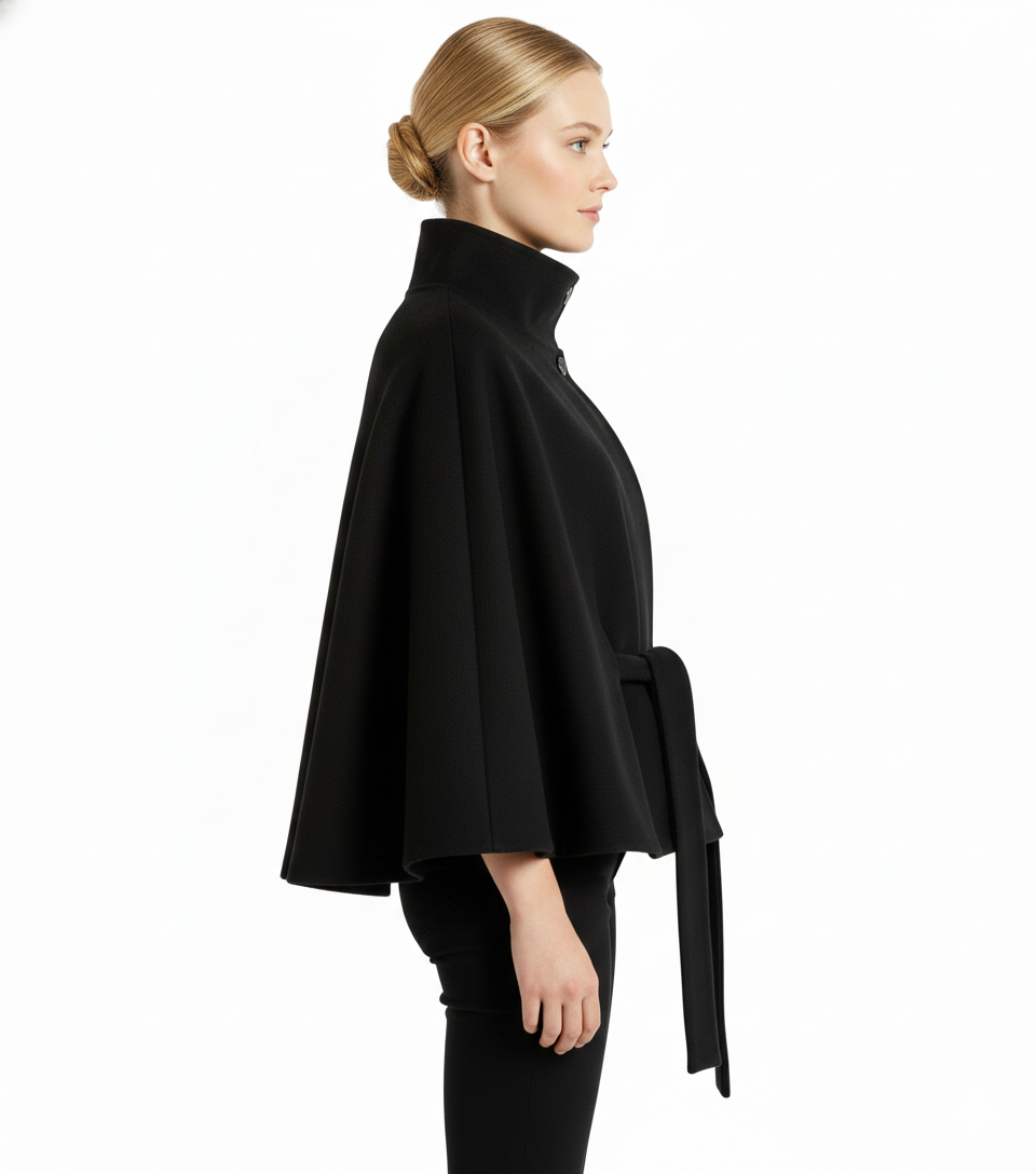 Belted cape coat with a stand-up collar for women