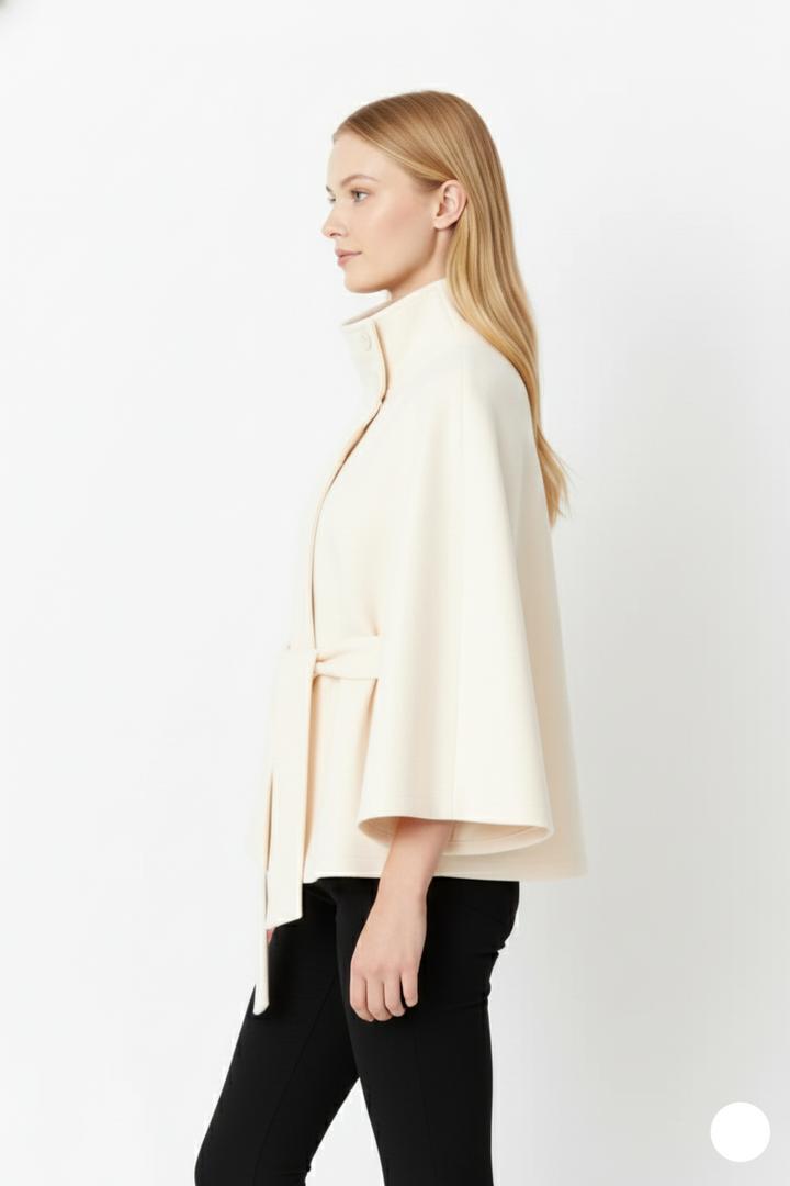Belted cape coat with a stand-up collar for women