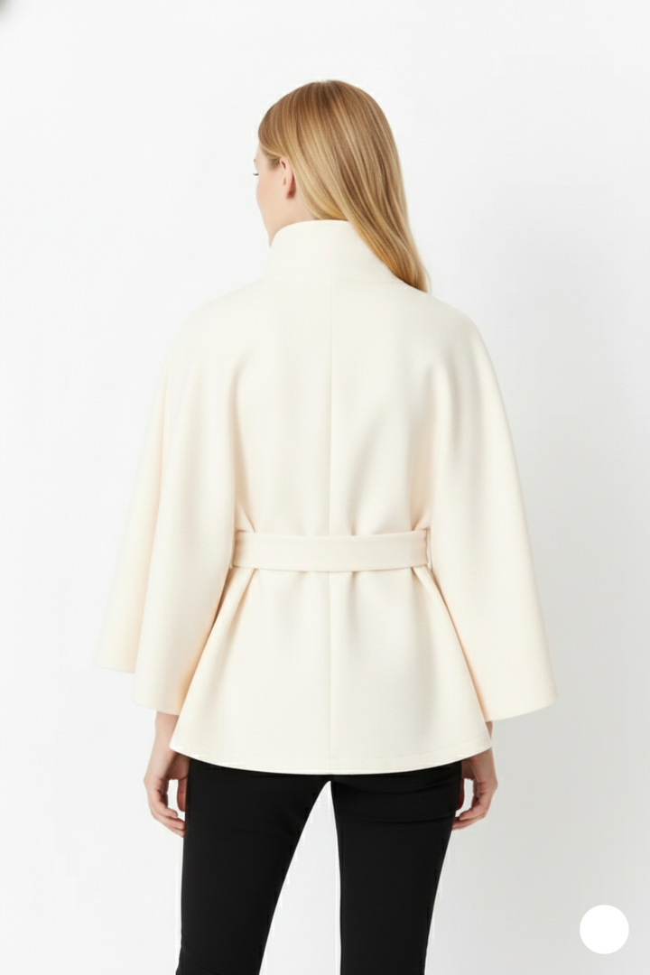 Belted cape coat with a stand-up collar for women