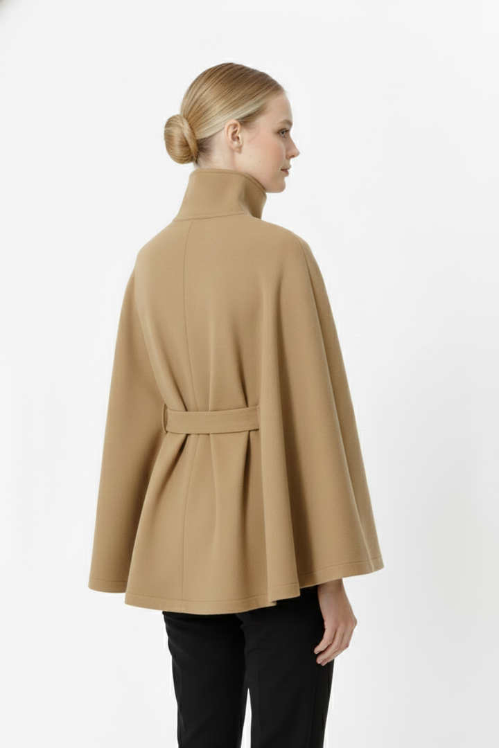 Belted cape coat with a stand-up collar for women