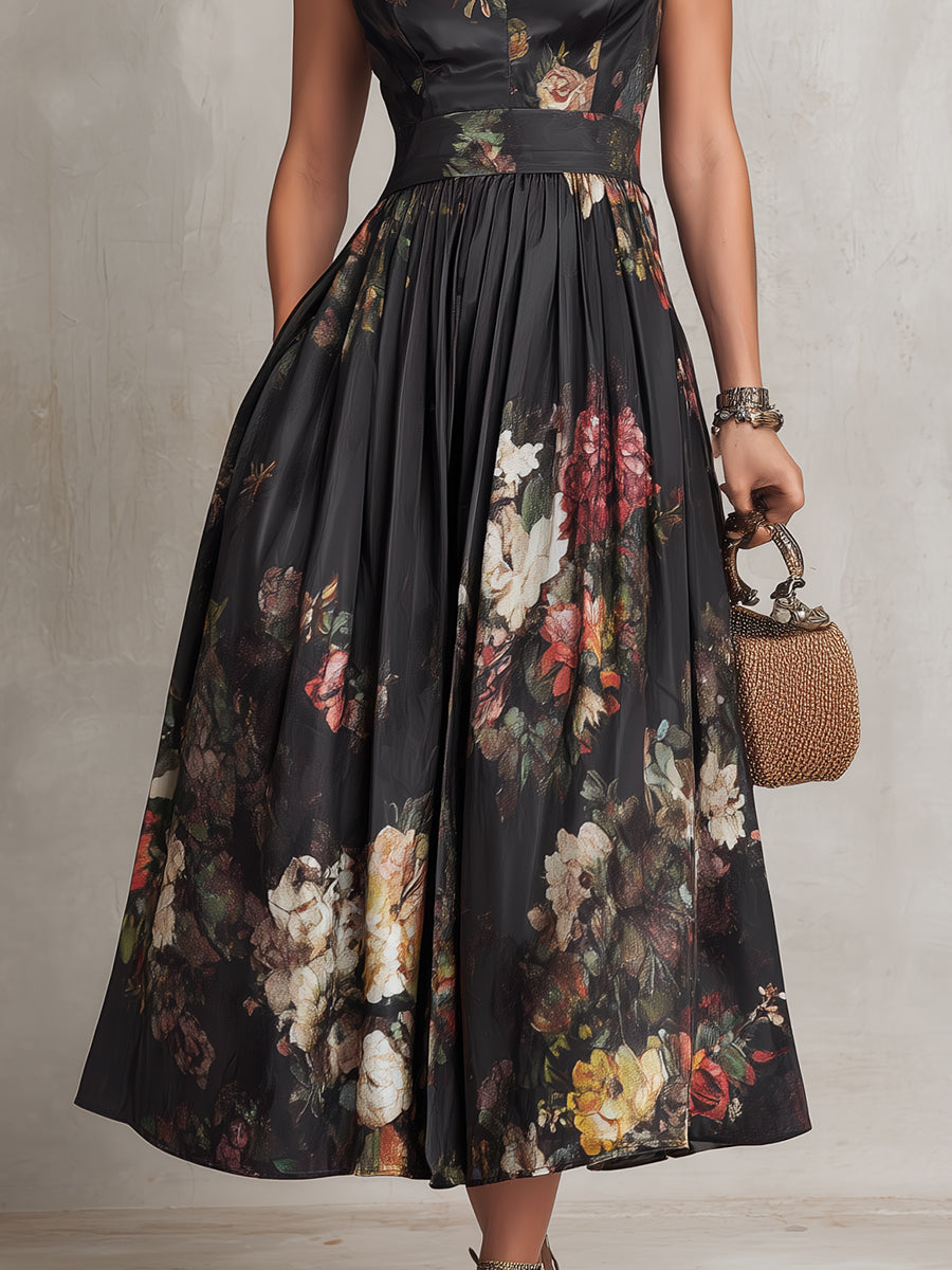 Abito midi da donna floreale con collo alto