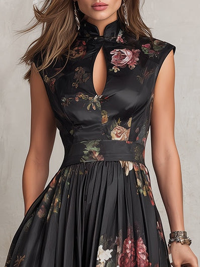 Abito midi da donna floreale con collo alto