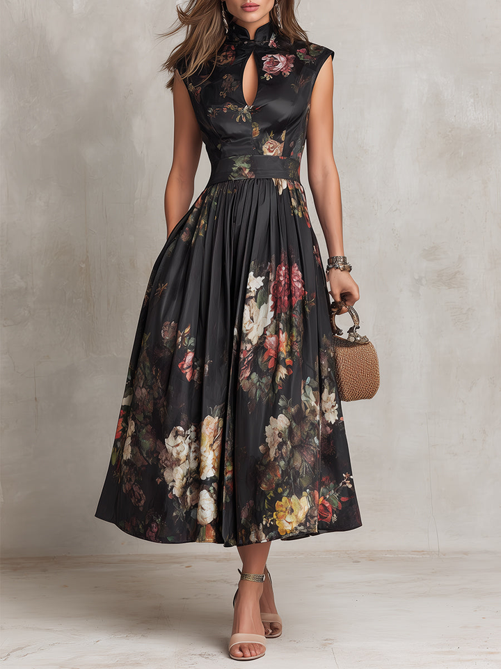 Abito midi da donna floreale con collo alto