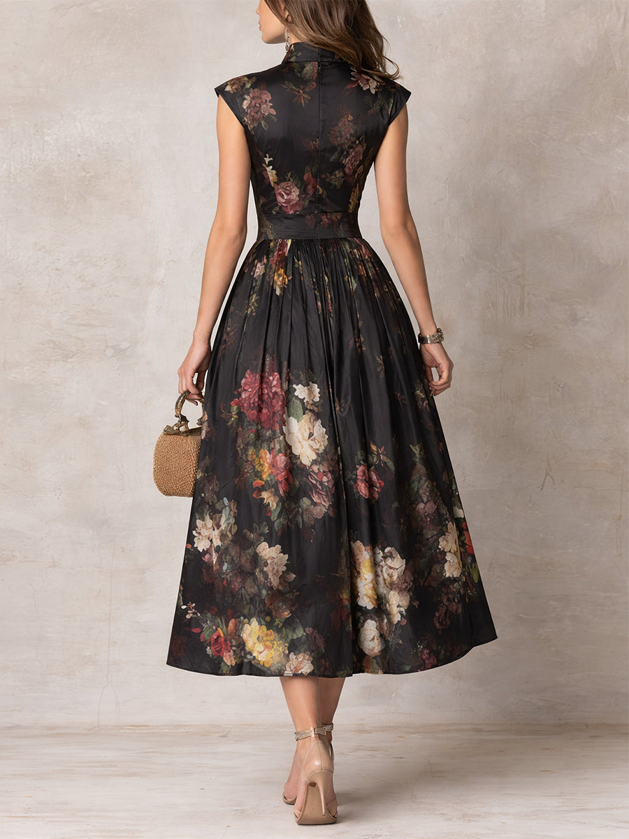 Abito midi da donna floreale con collo alto