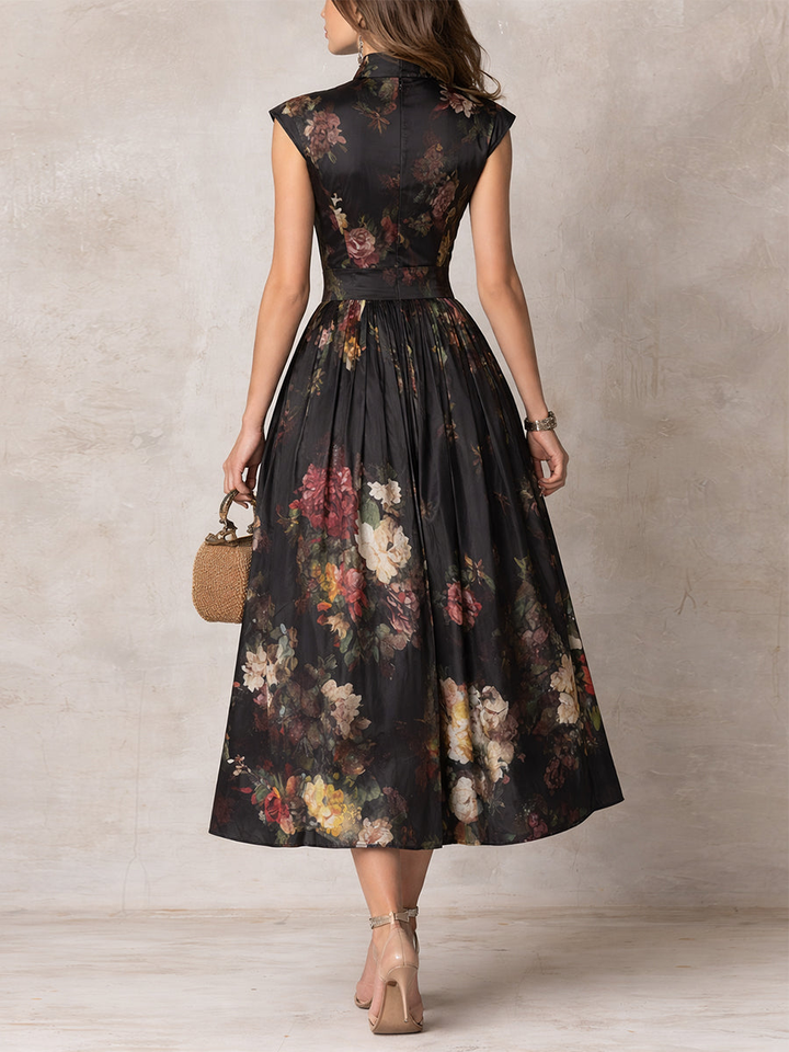 Abito midi da donna floreale con collo alto