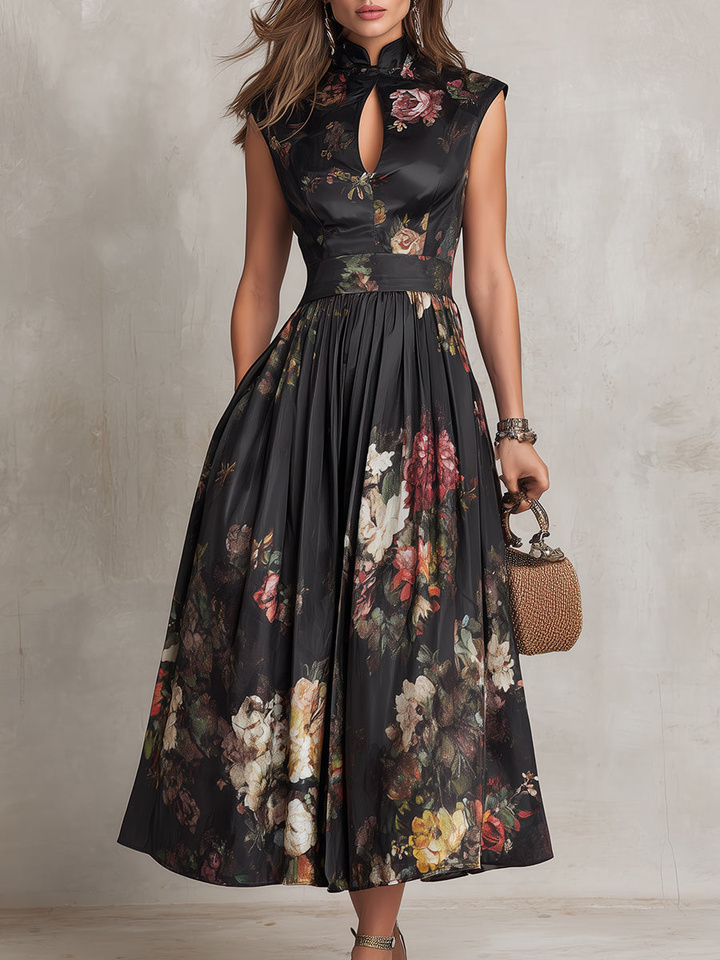 Abito midi da donna floreale con collo alto