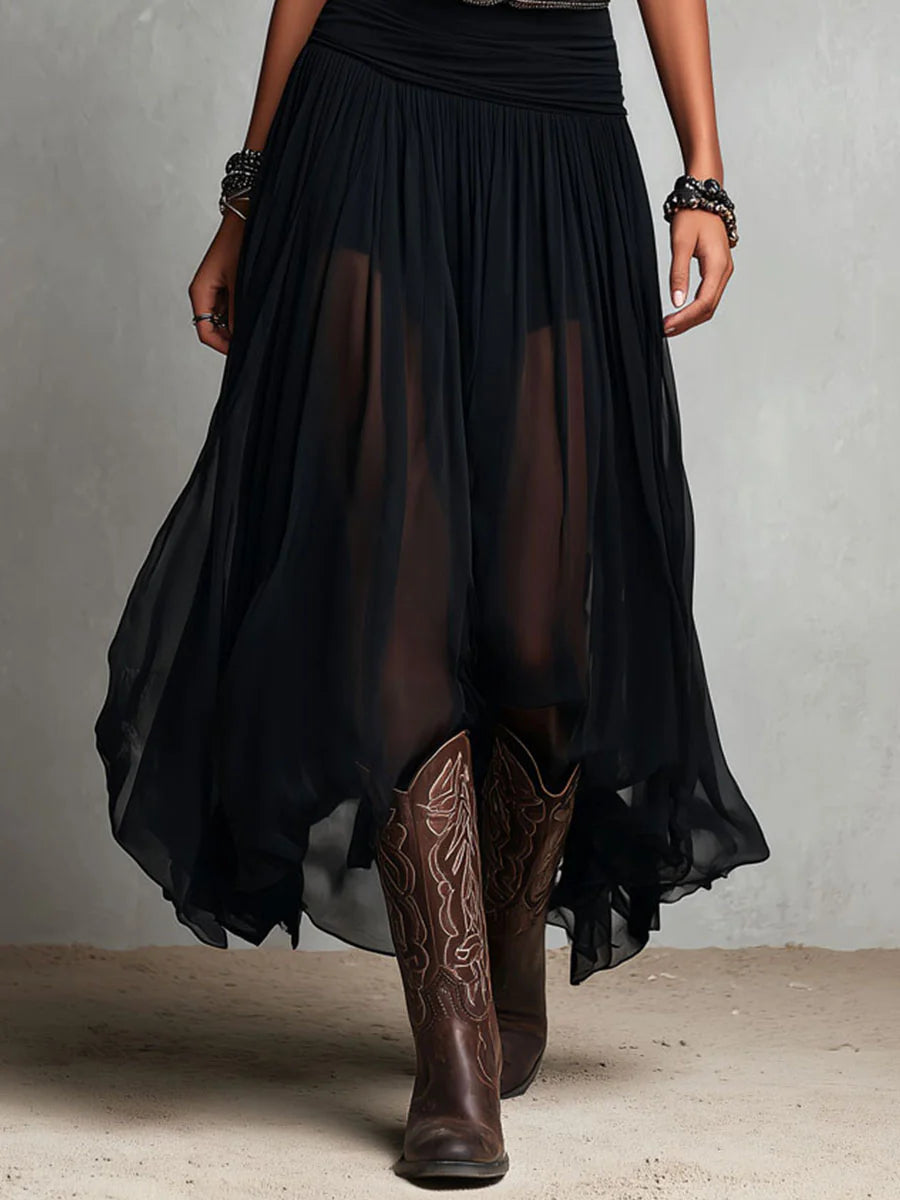 Robe Longue Bohème Noire et Transparente Pour Femme Avec Détails Superposés