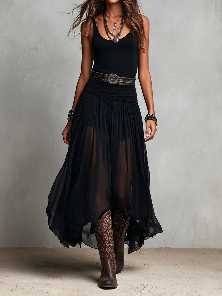 Robe Longue Bohème Noire et Transparente Pour Femme Avec Détails Superposés