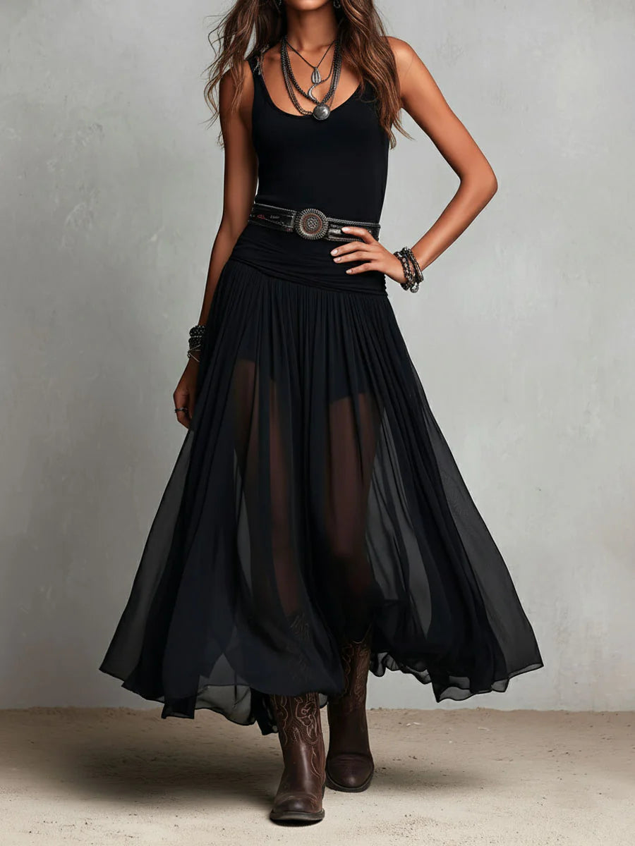 Robe Longue Bohème Noire et Transparente Pour Femme Avec Détails Superposés