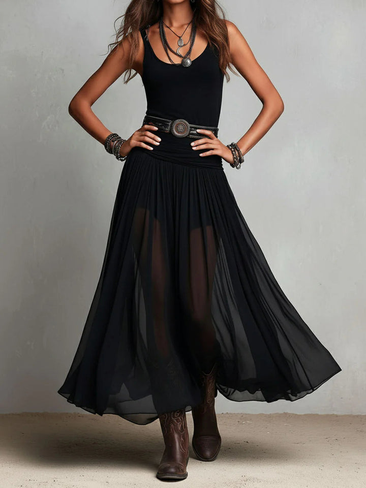 Robe Longue Bohème Noire et Transparente Pour Femme Avec Détails Superposés
