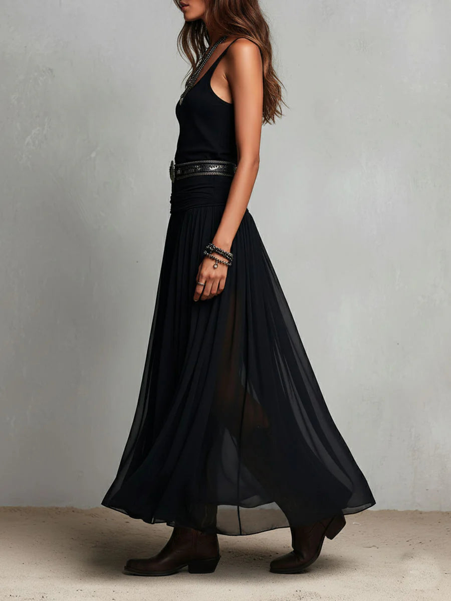 Robe Longue Bohème Noire et Transparente Pour Femme Avec Détails Superposés
