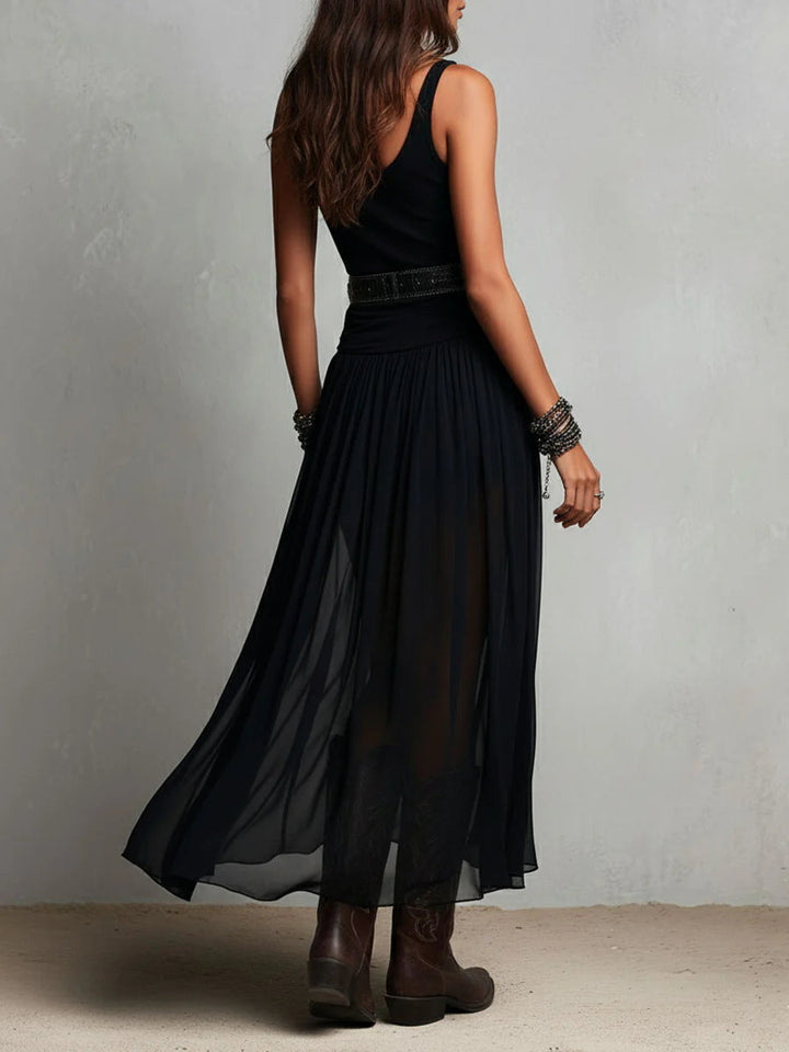 Robe Longue Bohème Noire et Transparente Pour Femme Avec Détails Superposés