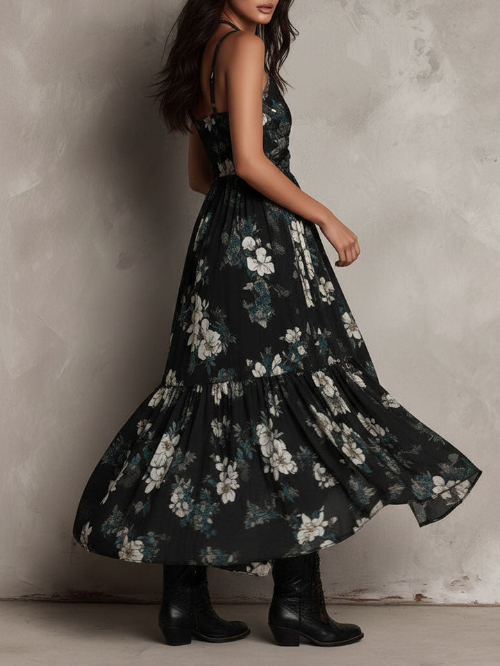 Women's asymmetrical long floral dress with thin straps