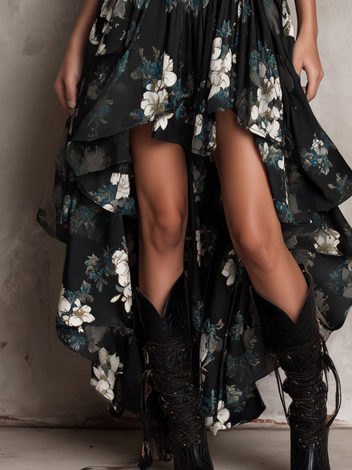 Women's asymmetrical long floral dress with thin straps