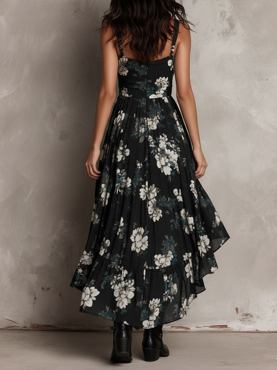 Women's asymmetrical long floral dress with thin straps