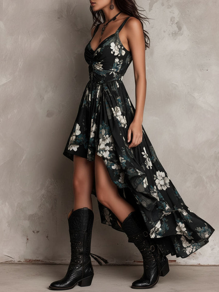 Women's asymmetrical long floral dress with thin straps