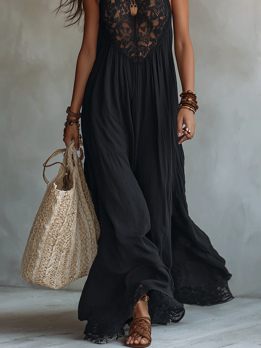 Robe Longue Bohème Sans Manches Pour Femme Avec Détails en Dentelle