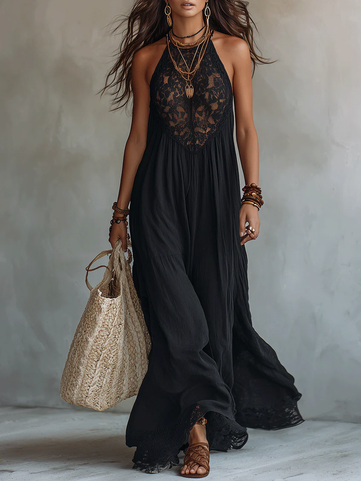 Robe Longue Bohème Sans Manches Pour Femme Avec Détails en Dentelle
