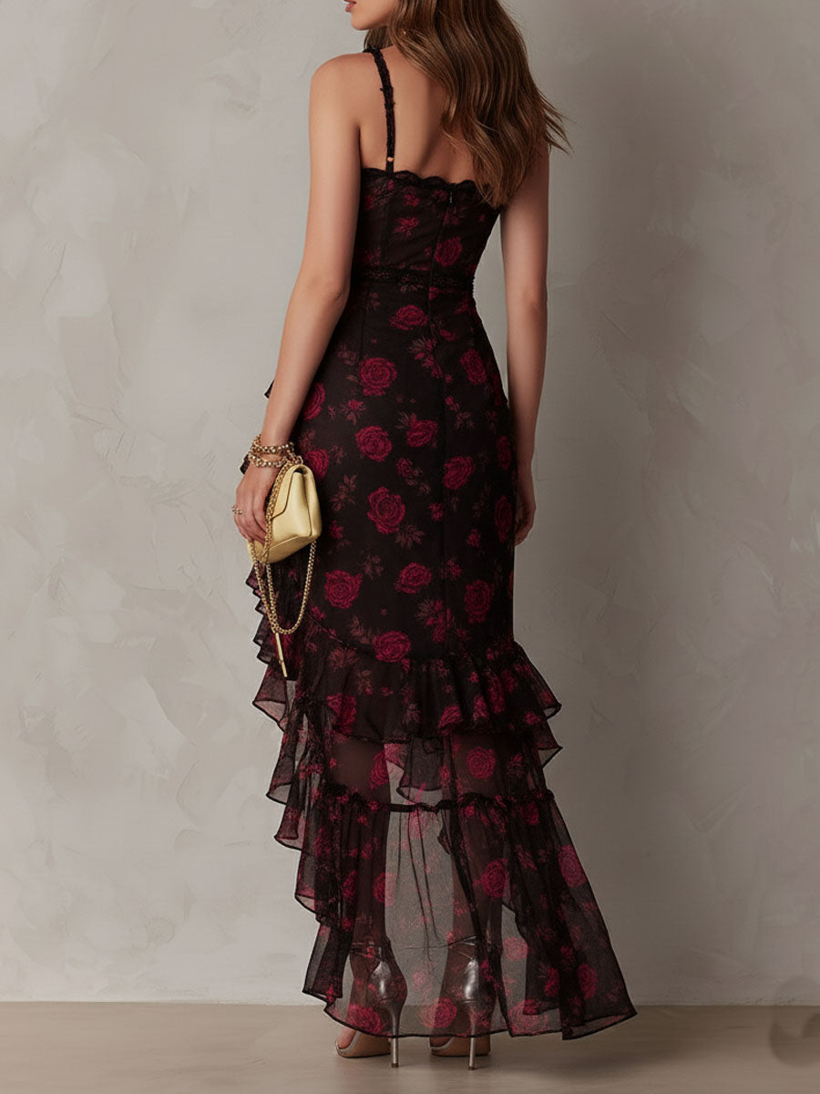 Robe de Soirée Élégante Pour Femme à Fines Bretelles et Volants