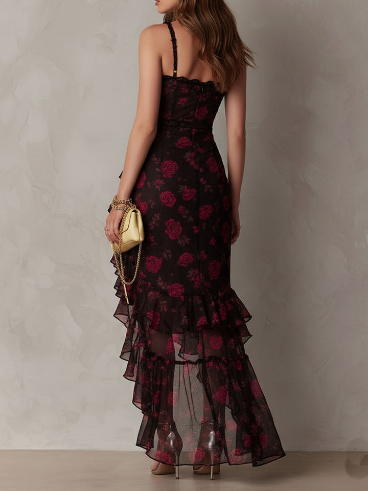 Robe de Soirée Élégante Pour Femme à Fines Bretelles et Volants