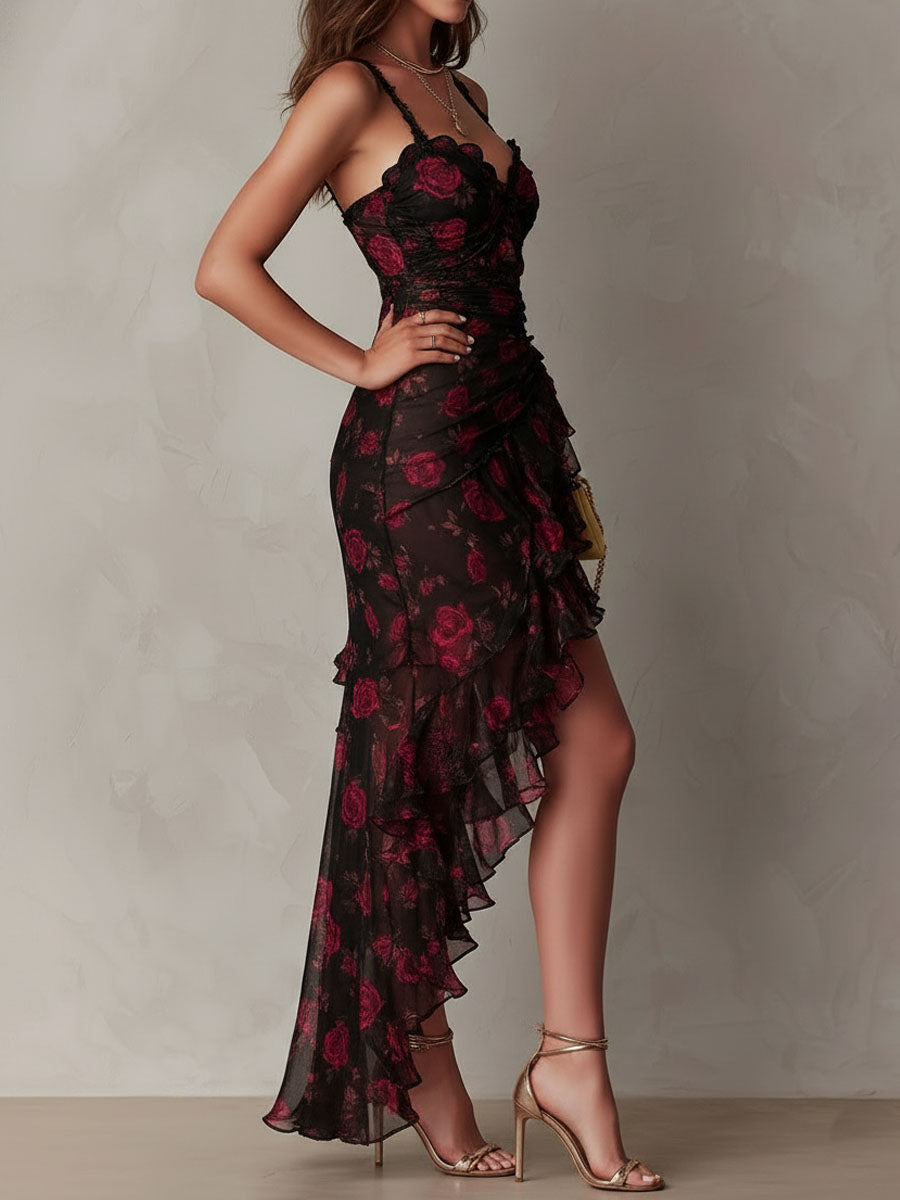 Robe de Soirée Élégante Pour Femme à Fines Bretelles et Volants