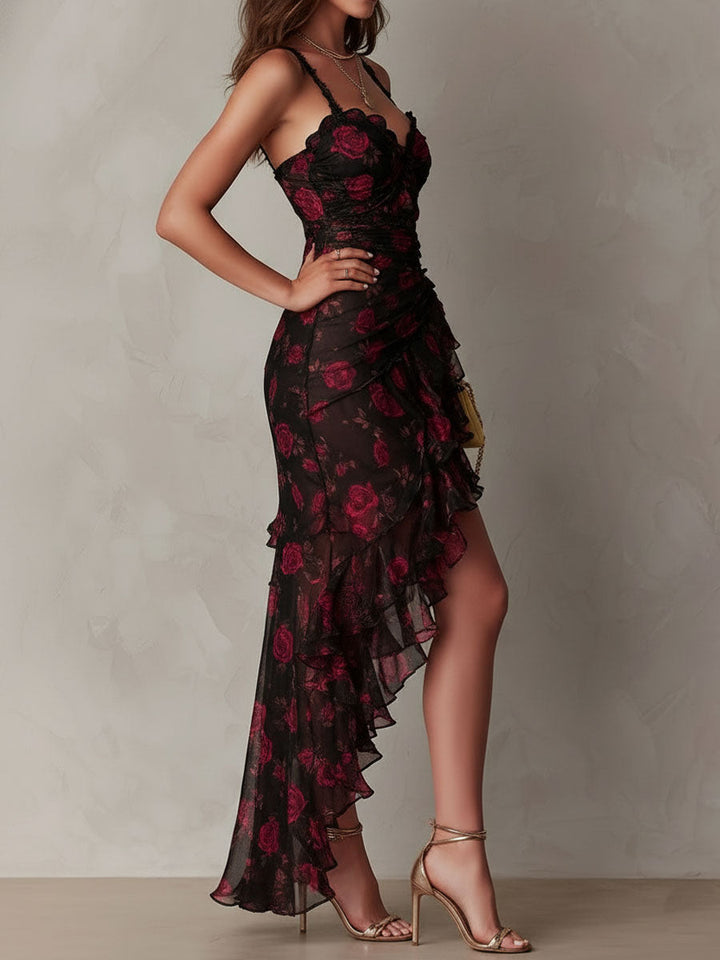 Robe de Soirée Élégante Pour Femme à Fines Bretelles et Volants
